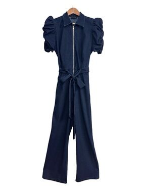 Valentine Denim Puff Sleeve Belted Jumpsuit Wide Leg Zip Front Size Large